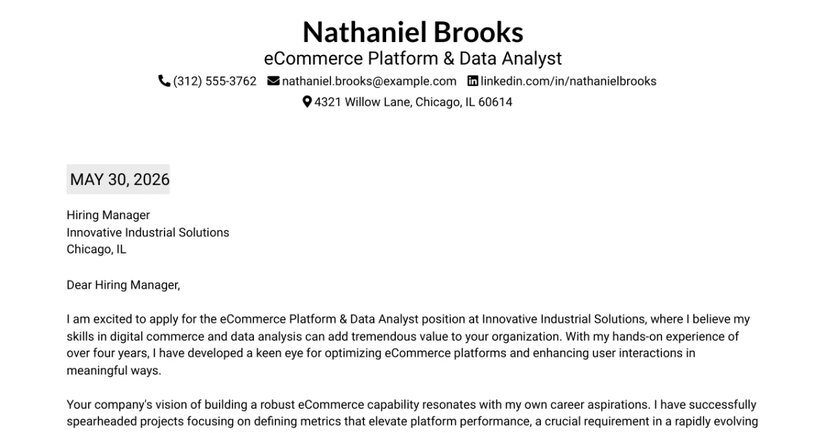 30+ eCommerce Platform & Data Analyst Cover Letter Templates with Example 2026