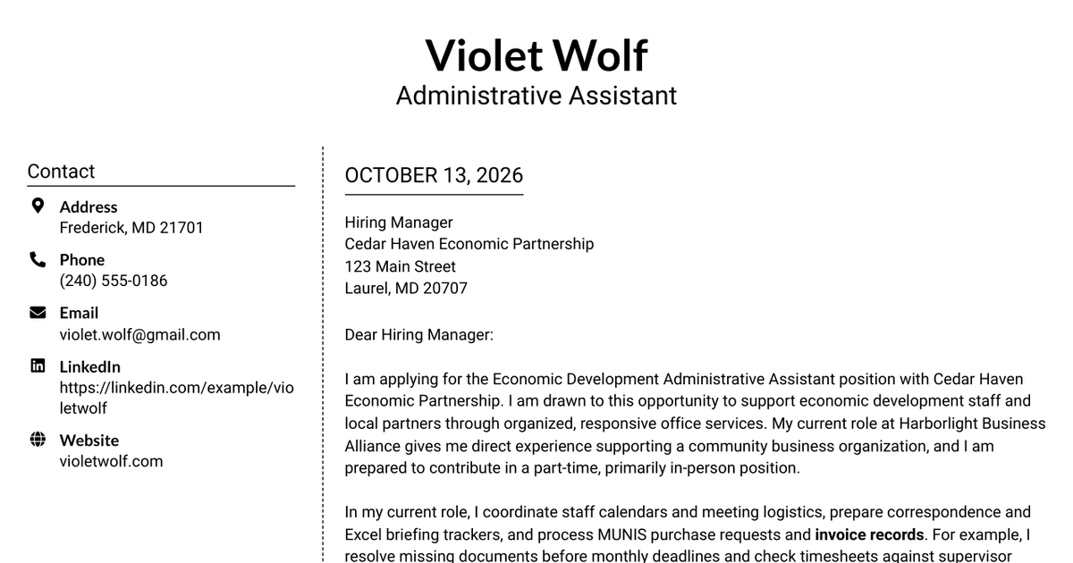 7 Economic Development Administrative Assistant Cover Letter Templates with Example