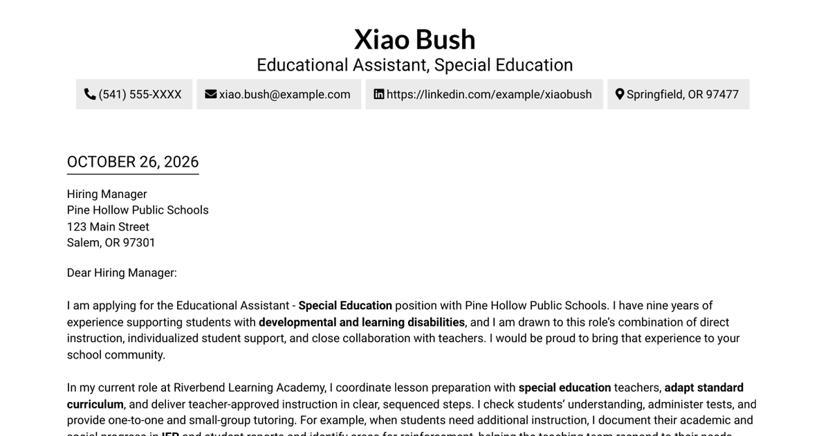 Educational Assistant - Special Education Cover Letter