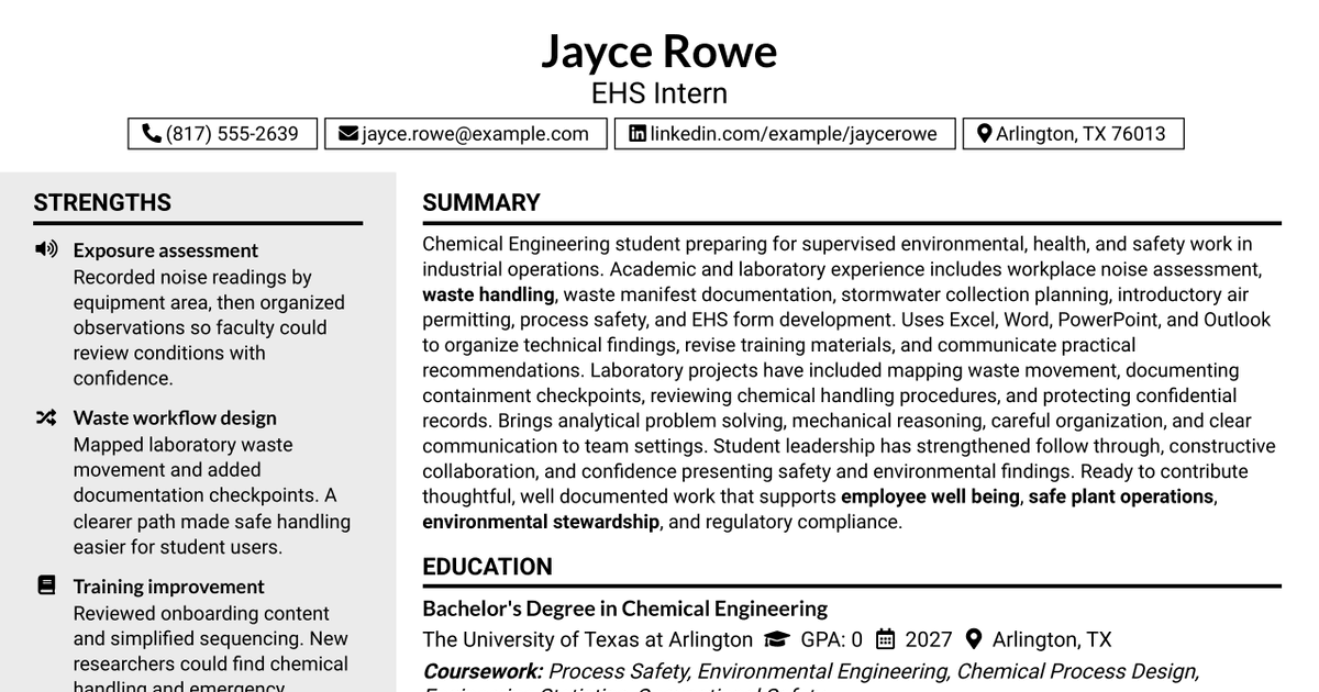 7 EHS Intern Resume Templates with Example