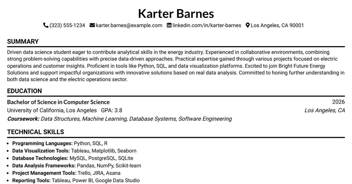 33 Electric Operations Data Science Intern Resume Templates with Example 2026 (ATS-Optimized)