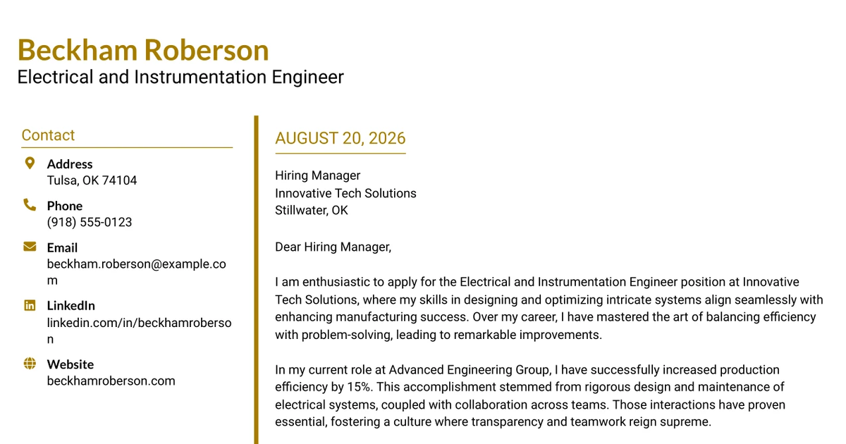 30+ Electrical and Instrumentation Engineer Cover Letter Templates with Example 2026