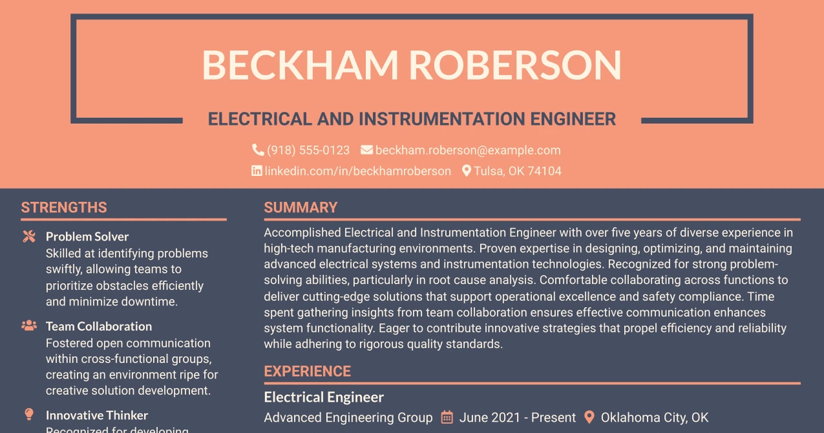 33 Electrical and Instrumentation Engineer Resume Templates with Example 2026 (ATS-Optimized)