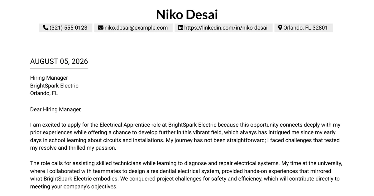 30+ Electrical Apprentice Cover Letter Templates with Example 2026