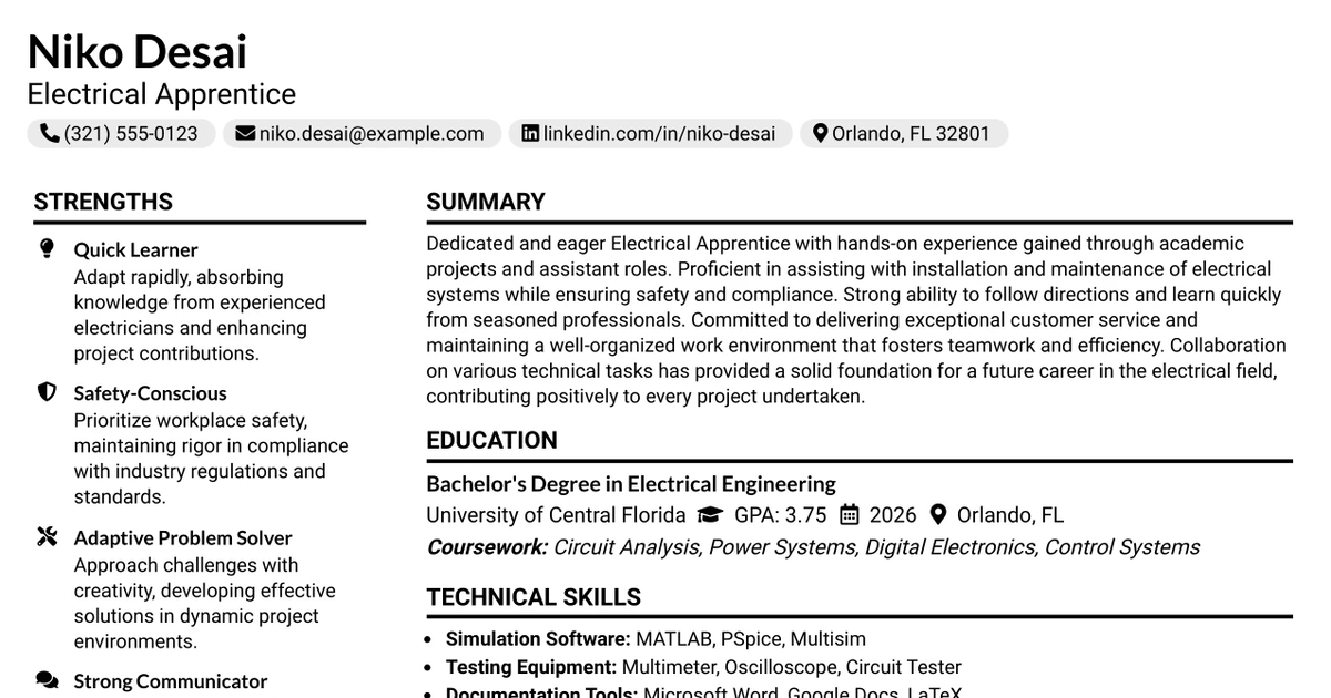 33 Electrical Apprentice Resume Templates with Example 2026 (ATS-Optimized)