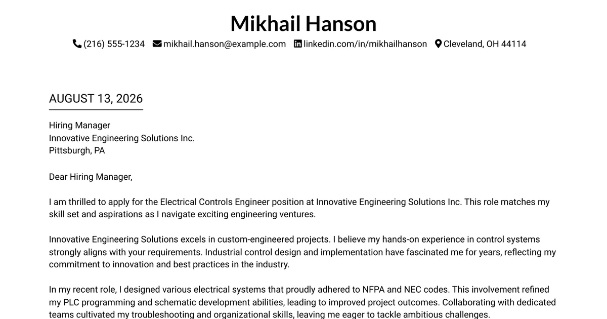 30+ Electrical Controls Engineer Cover Letter Templates with Example 2026