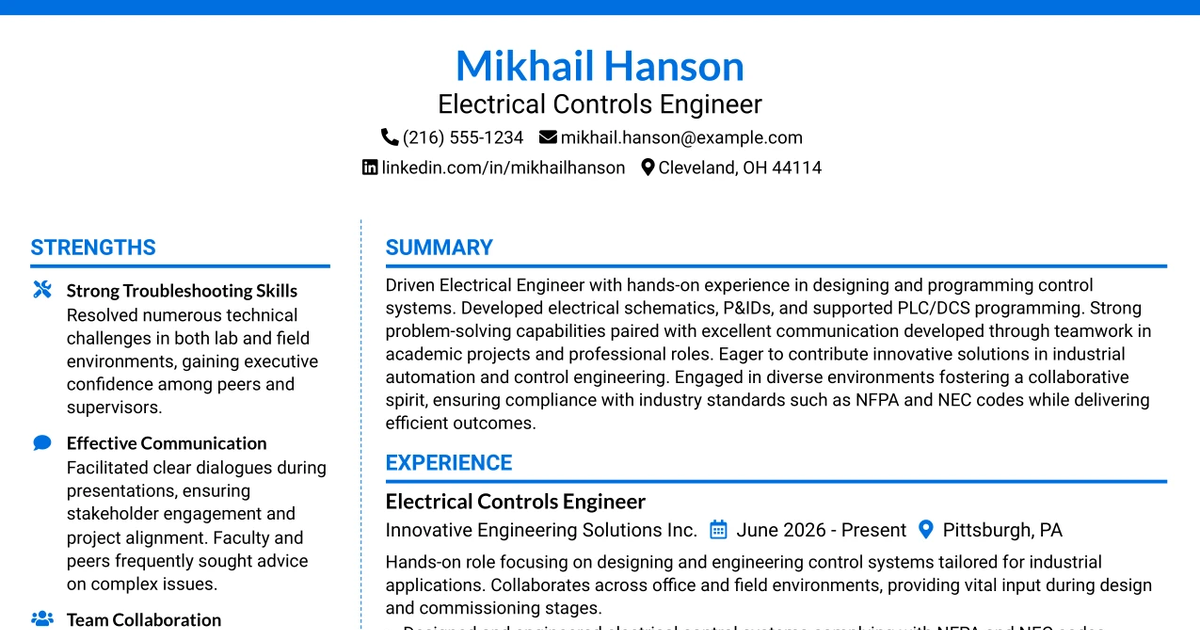 33 Electrical Controls Engineer Resume Templates with Example 2026 (ATS-Optimized)