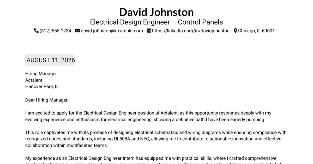 30+ Electrical Design Engineer – Control Panels Cover Letter Templates with Example 2026