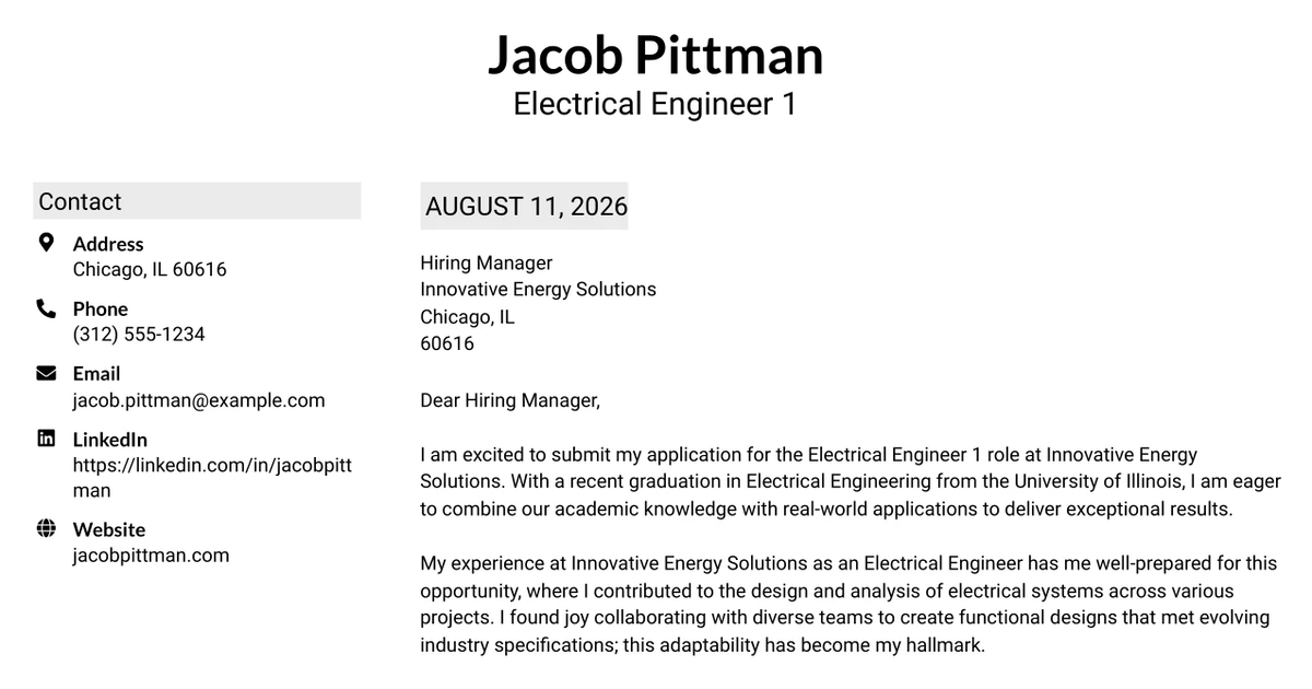 30+ Electrical Engineer 1 Cover Letter Templates with Example 2026
