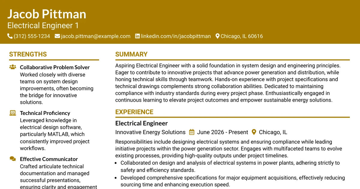33 Electrical Engineer 1 Resume Templates with Example 2026 (ATS-Optimized)