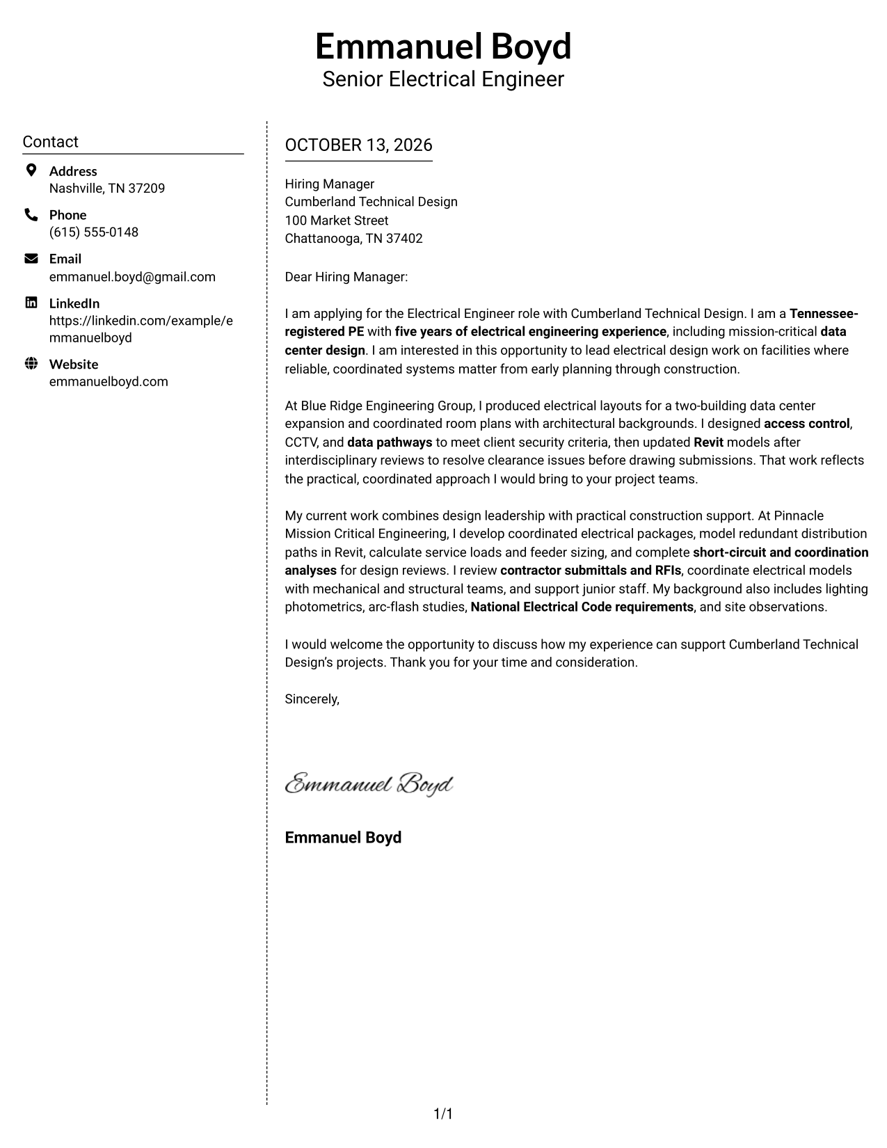 Cover Letter Example Page 1
