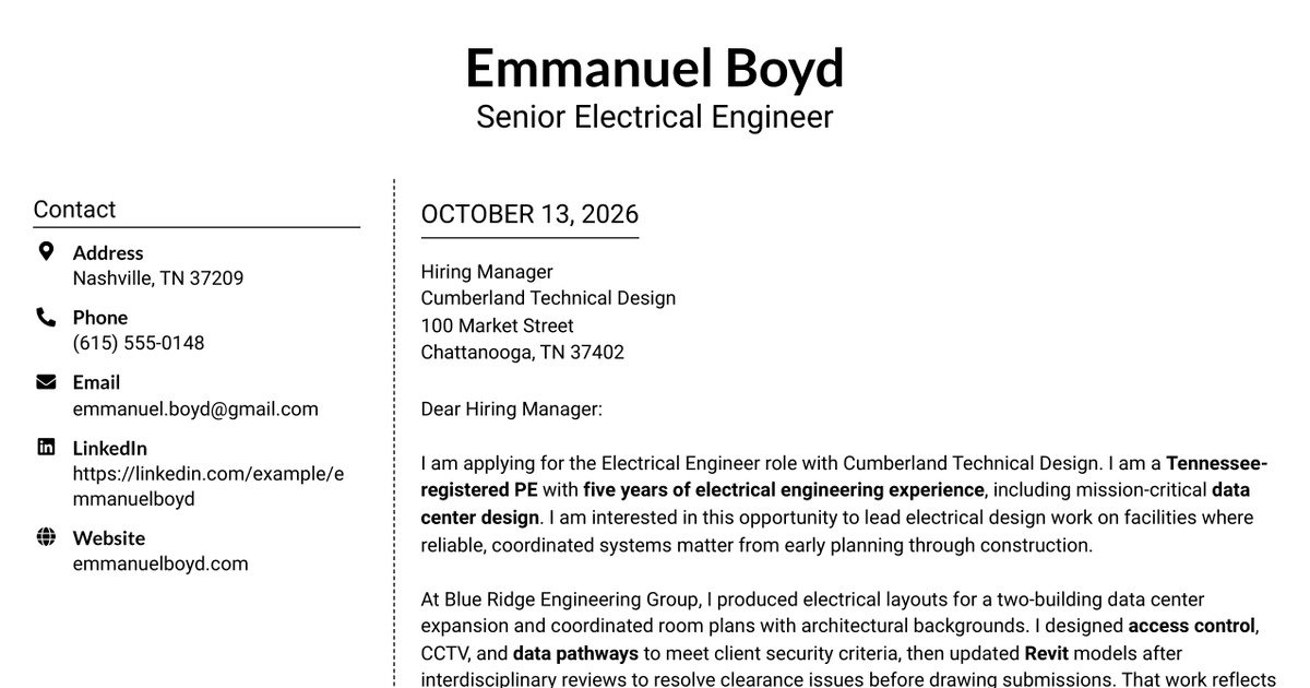 7 Electrical Engineer - Data Centers Cover Letter Templates with Example