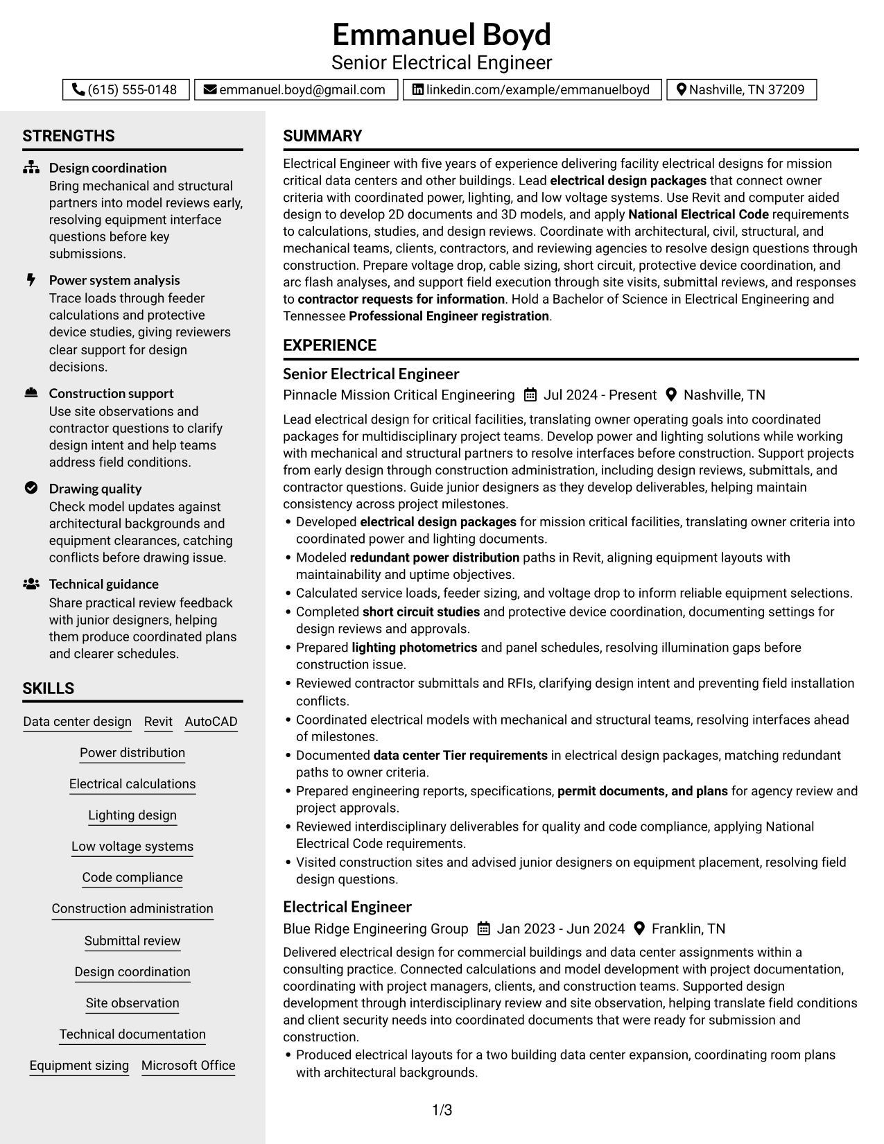 Resume Example Page 1