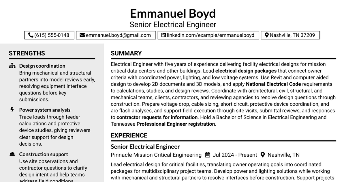 7 Electrical Engineer - Data Centers Resume Templates with Example