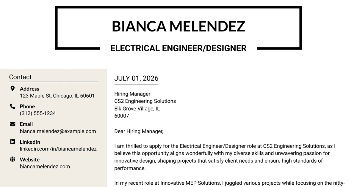 30+ Electrical Engineer/Designer Cover Letter Templates with Example 2026