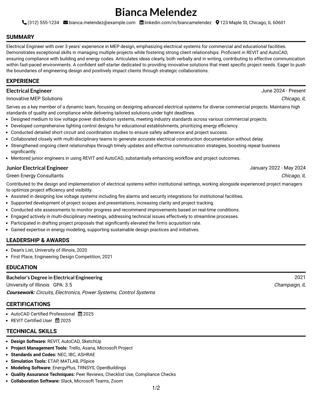 Resume Example Page 1