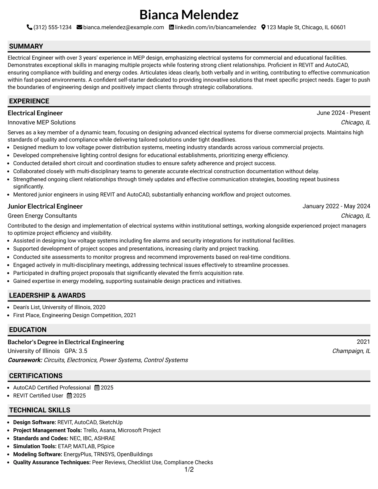 Resume Example Page 1