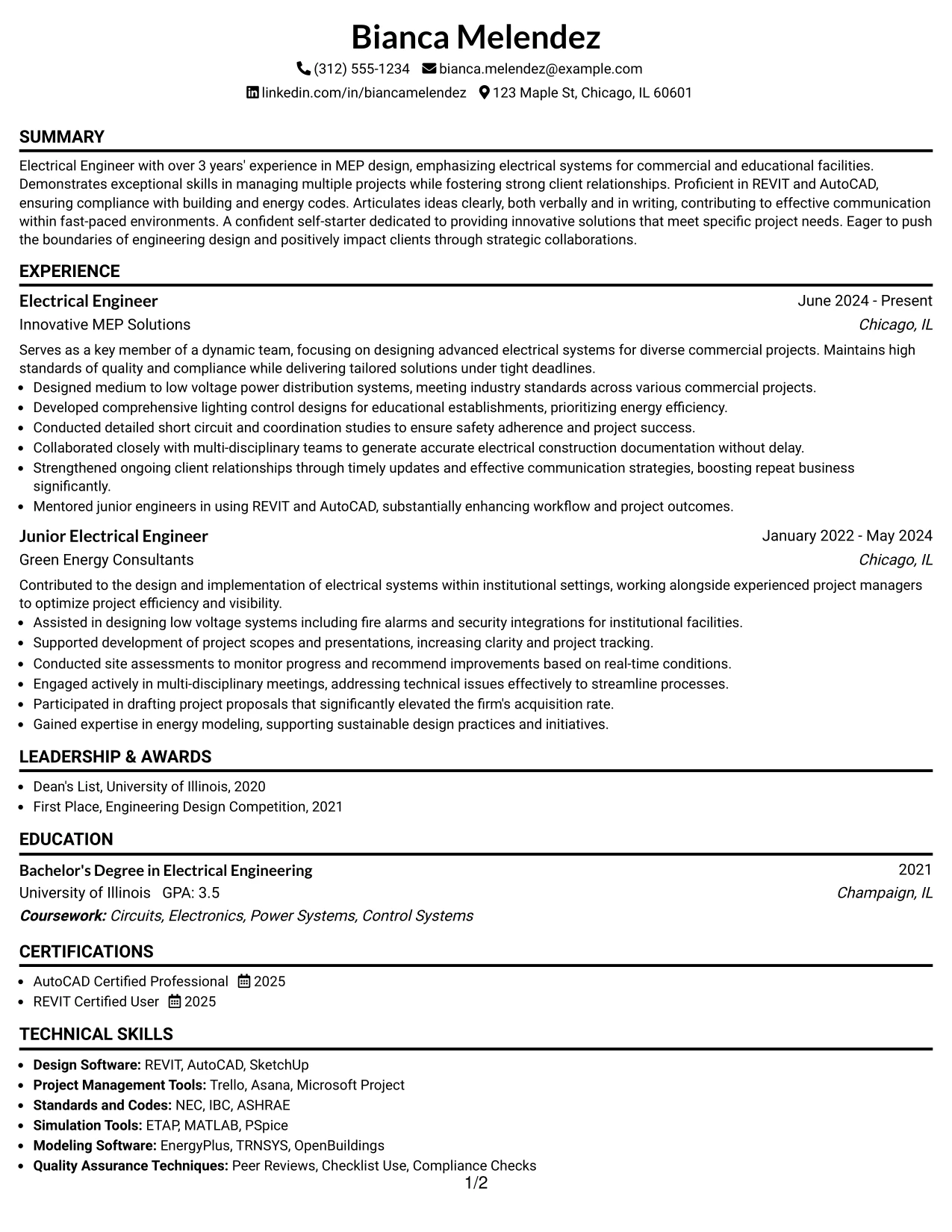Resume Example Page 1