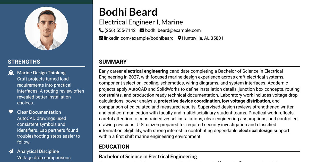 7 Electrical Engineer I (Marine) Resume Templates with Example