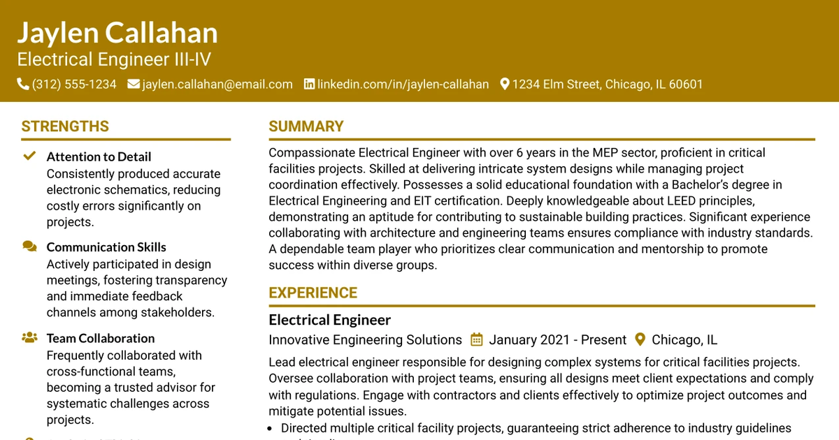 33 Electrical Engineer III - IV Resume Templates with Example 2026 (ATS-Optimized)
