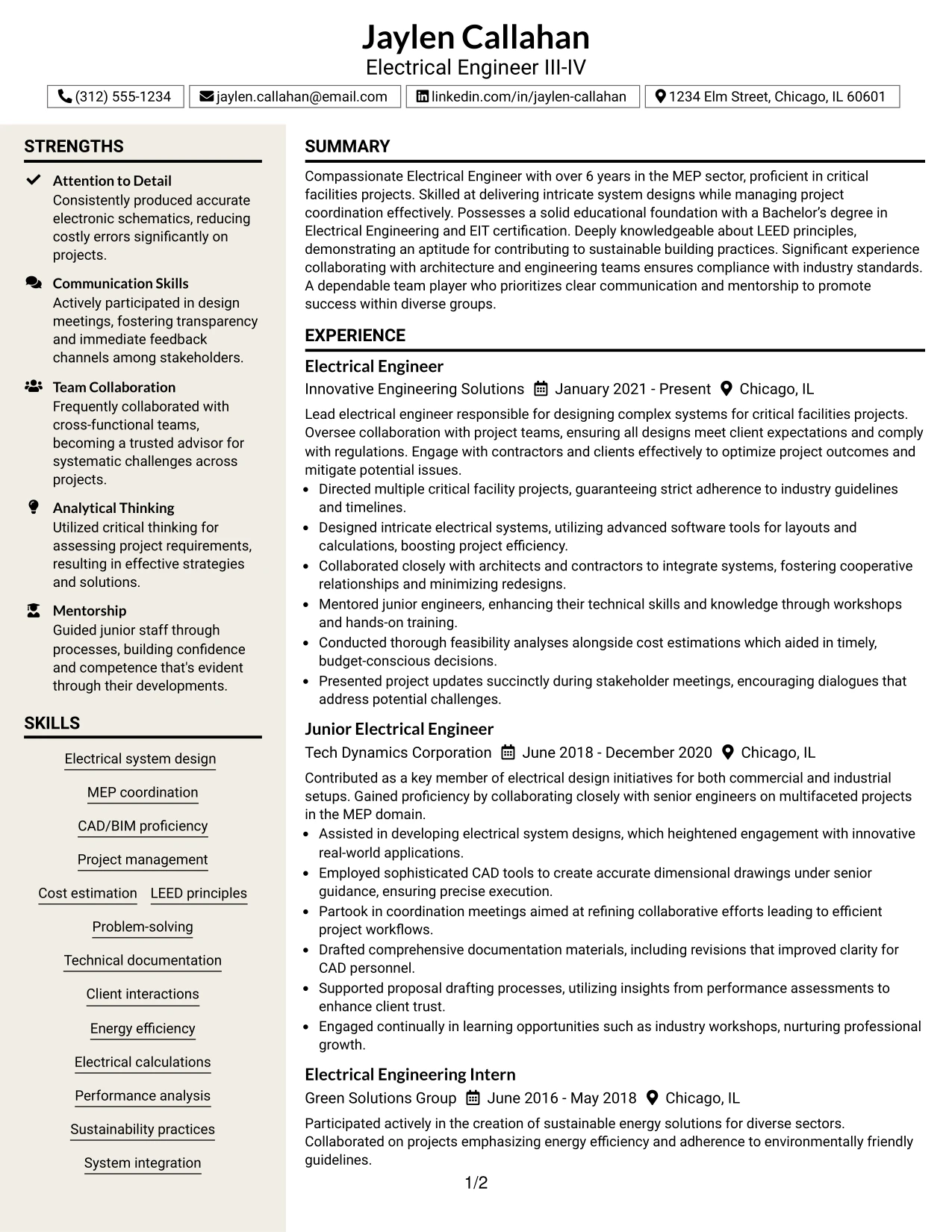 Resume Example Page 1