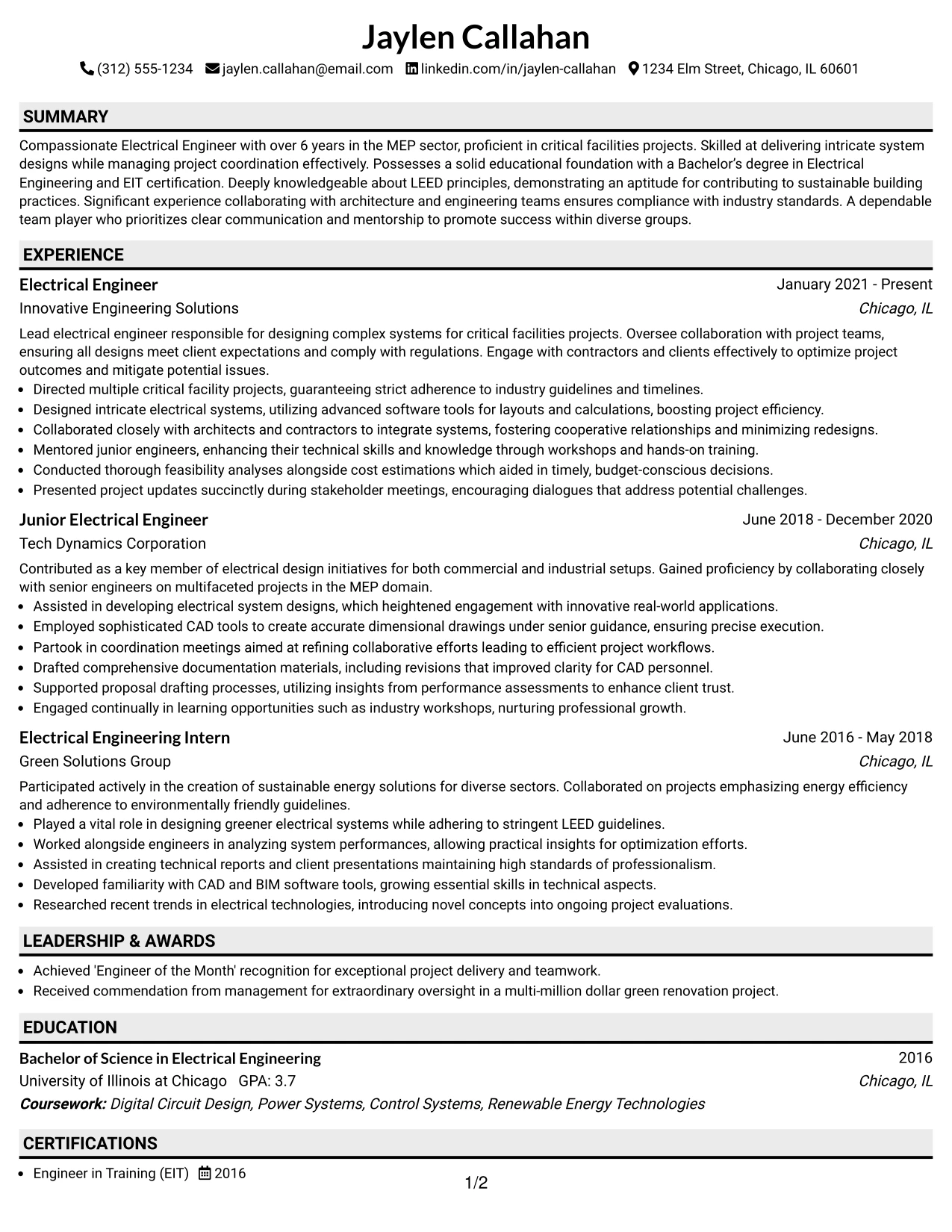 Resume Example Page 1