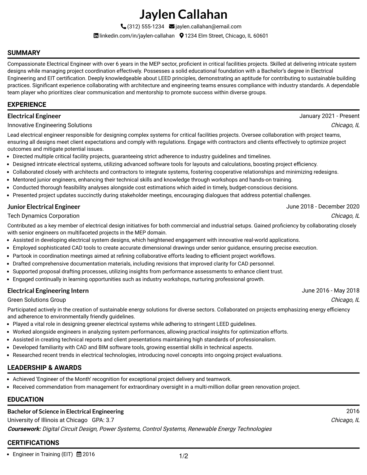 Resume Example Page 1