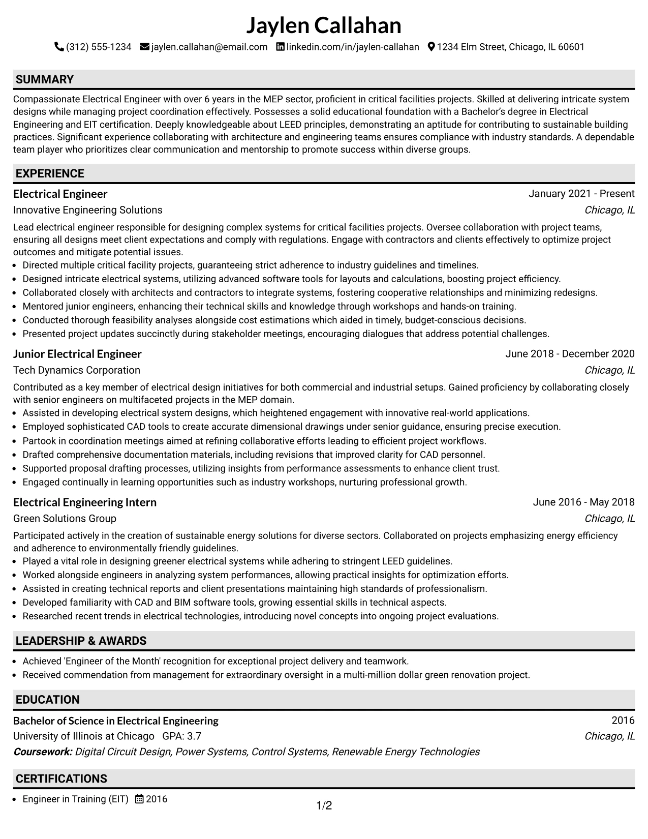 Resume Example Page 1