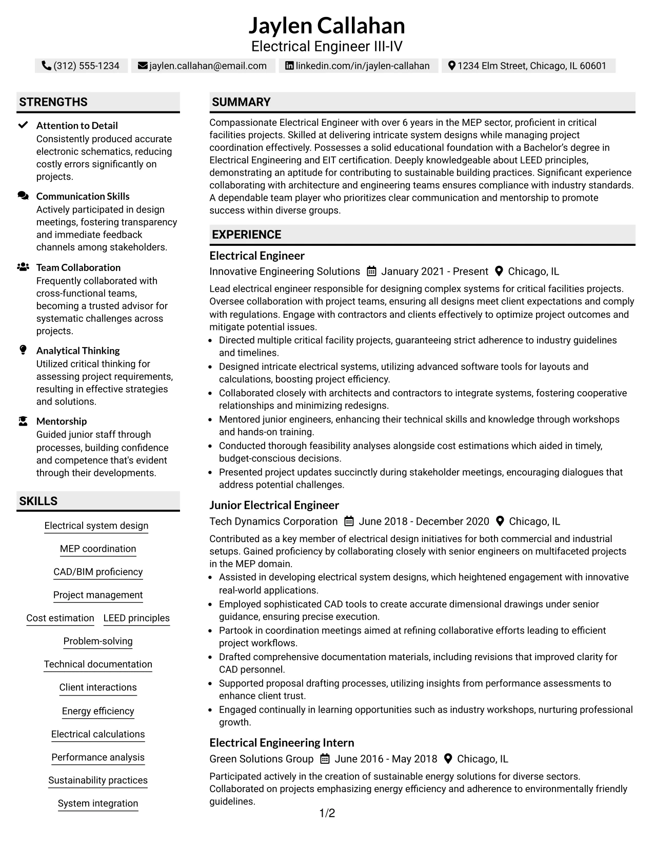 Resume Example Page 1