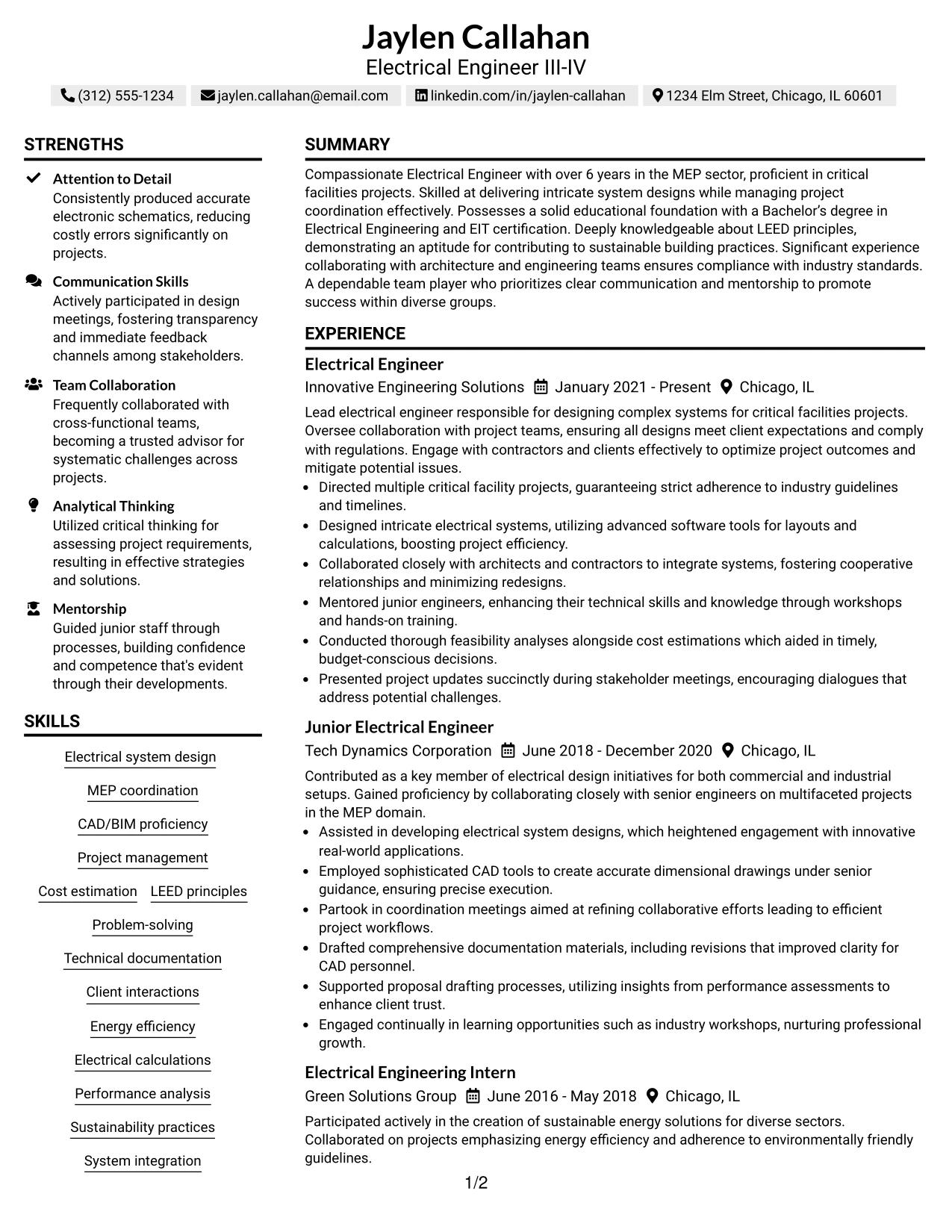 Resume Example Page 1