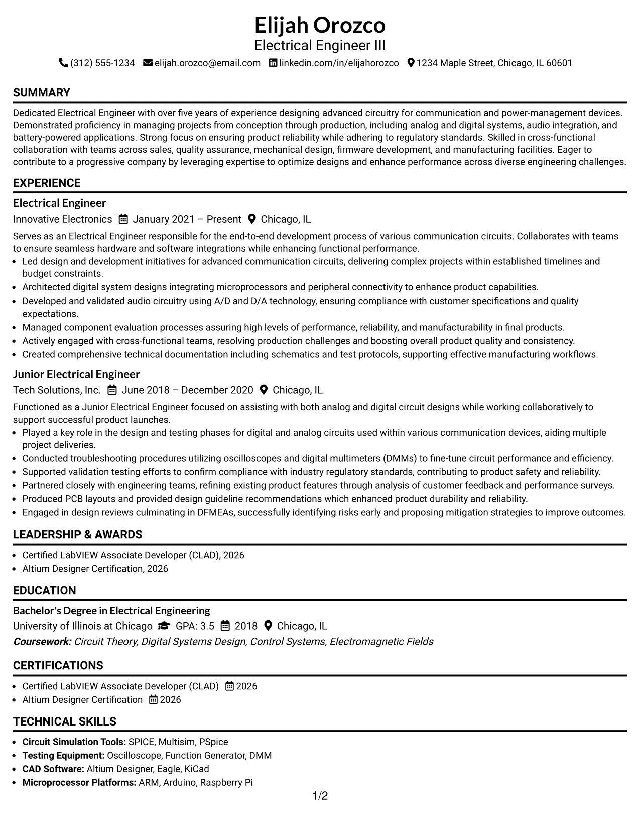Resume Example Page 1