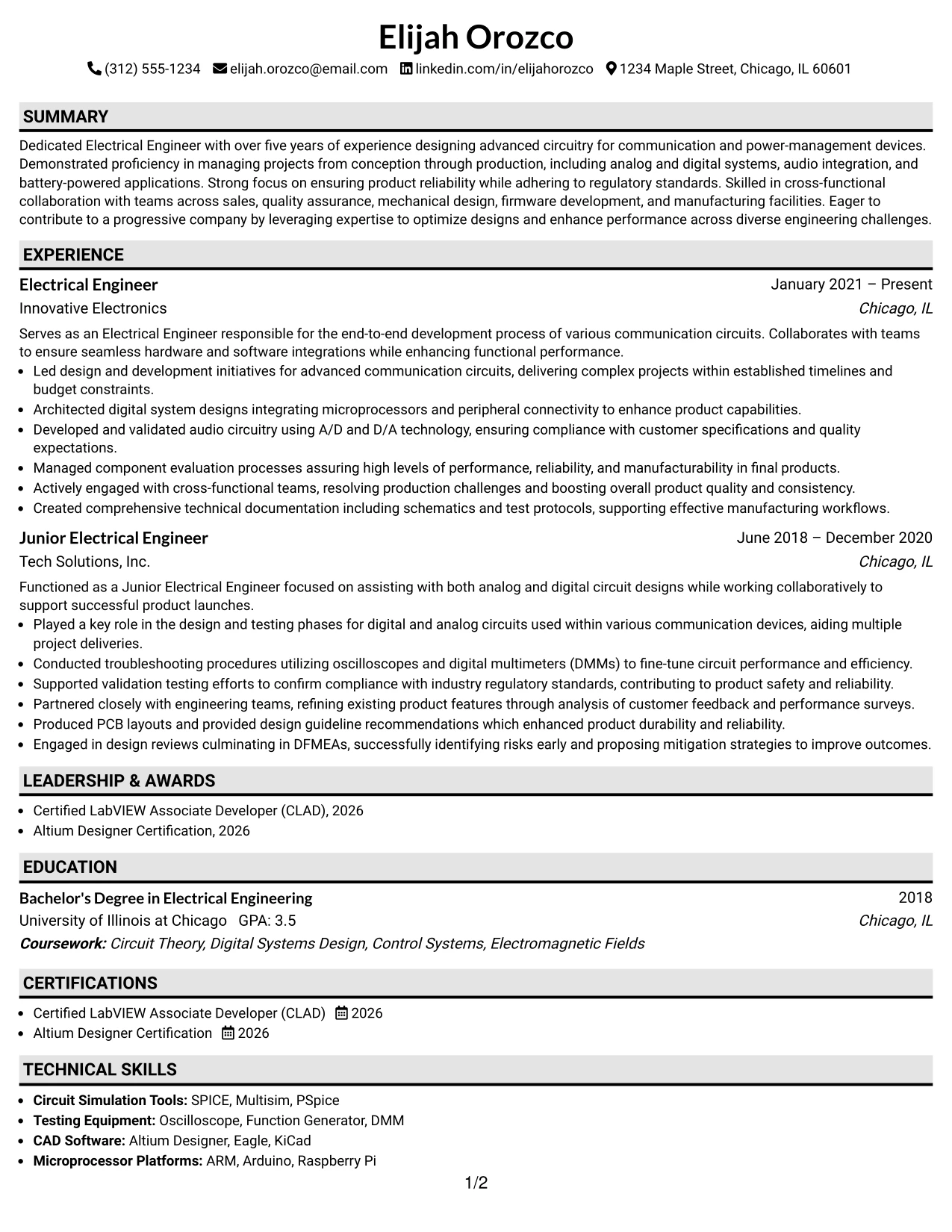Resume Example Page 1