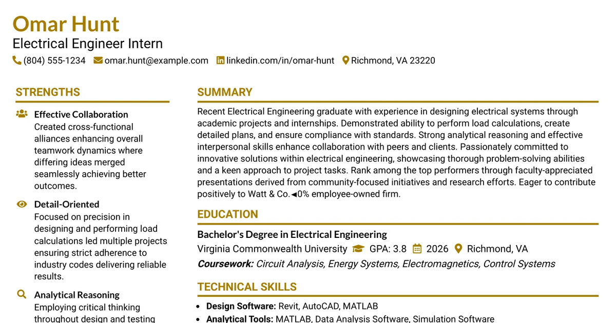 33 Electrical Engineer Intern Resume Templates with Example 2026 (ATS-Optimized)