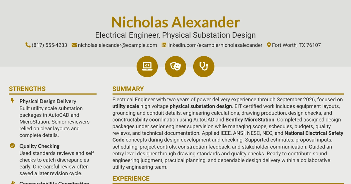 33 Electrical Engineer - Physical Substation Design Resume Templates with Example 2026 (ATS-Optimized)