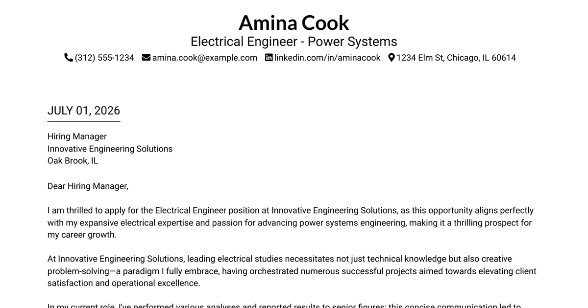 30+ Electrical Engineer - Power Systems Cover Letter Templates with Example 2026