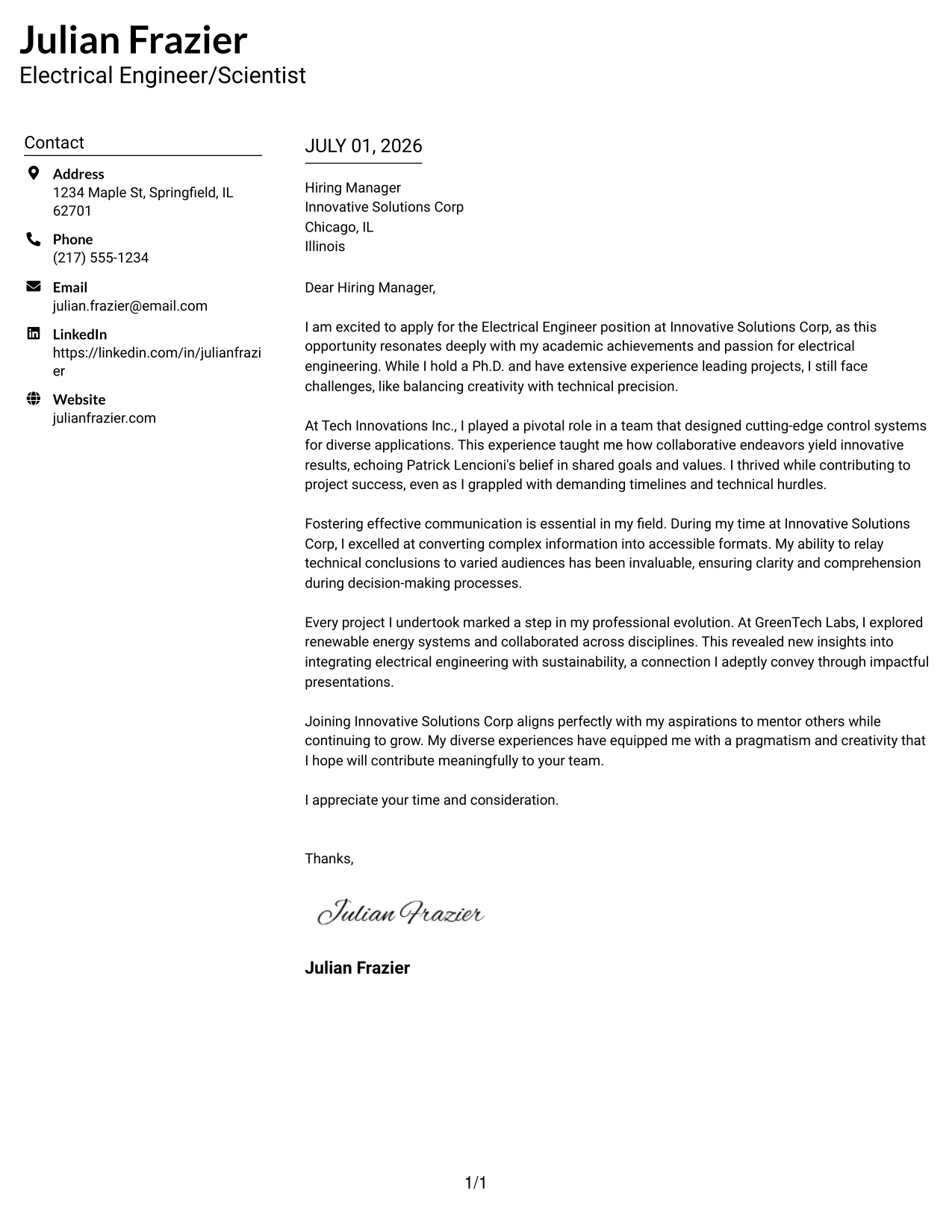 Resume Example Page 1