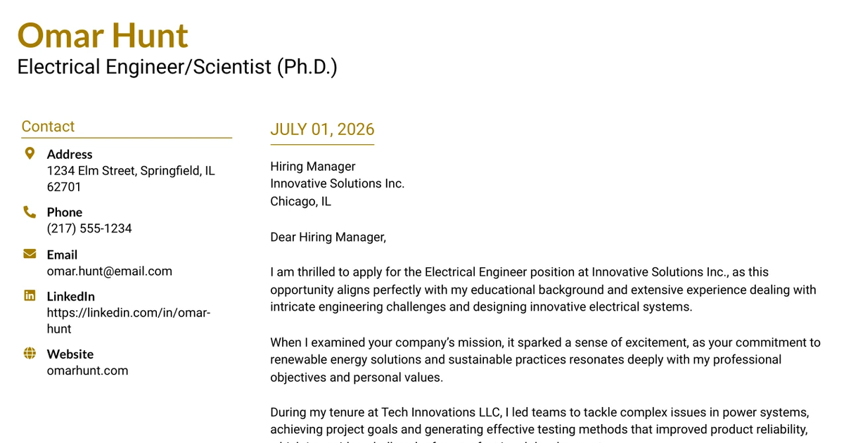 30+ Electrical Engineer/Scientist (Ph.D.) Cover Letter Templates with Example 2026
