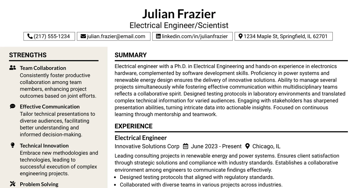 33 Electrical Engineer/Scientist Resume Templates with Example 2026 (ATS-Optimized)