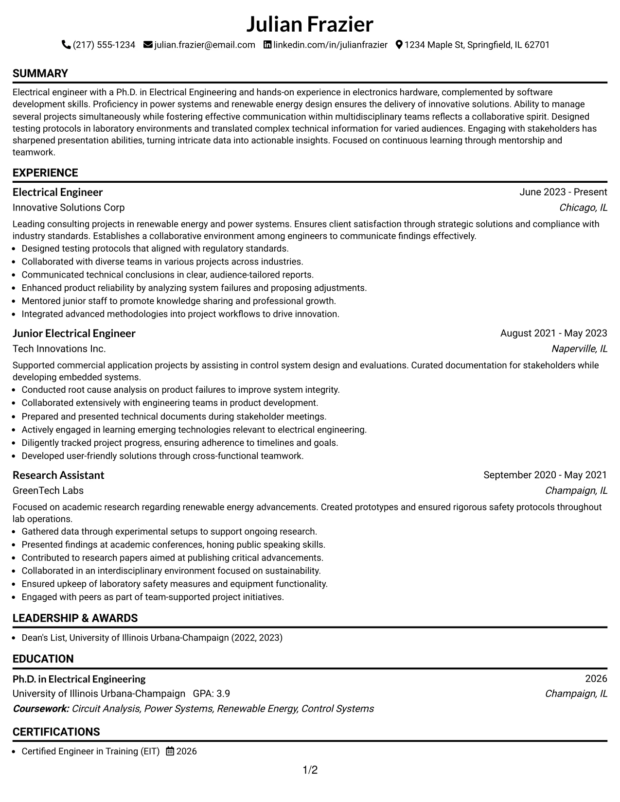 Resume Example Page 1