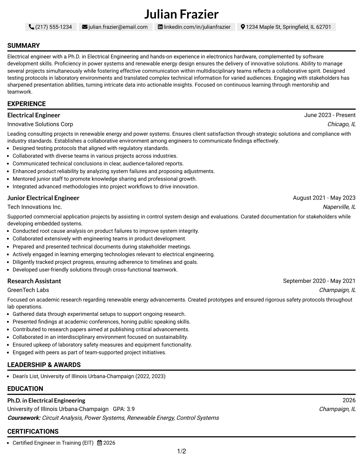 Resume Example Page 1