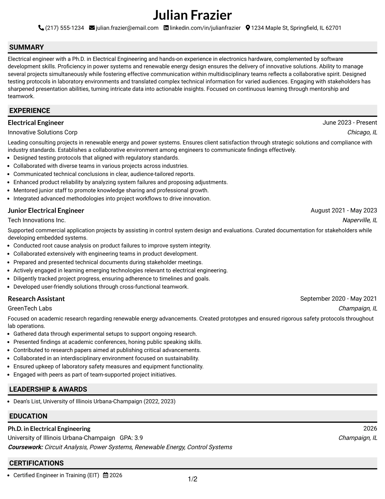 Resume Example Page 1