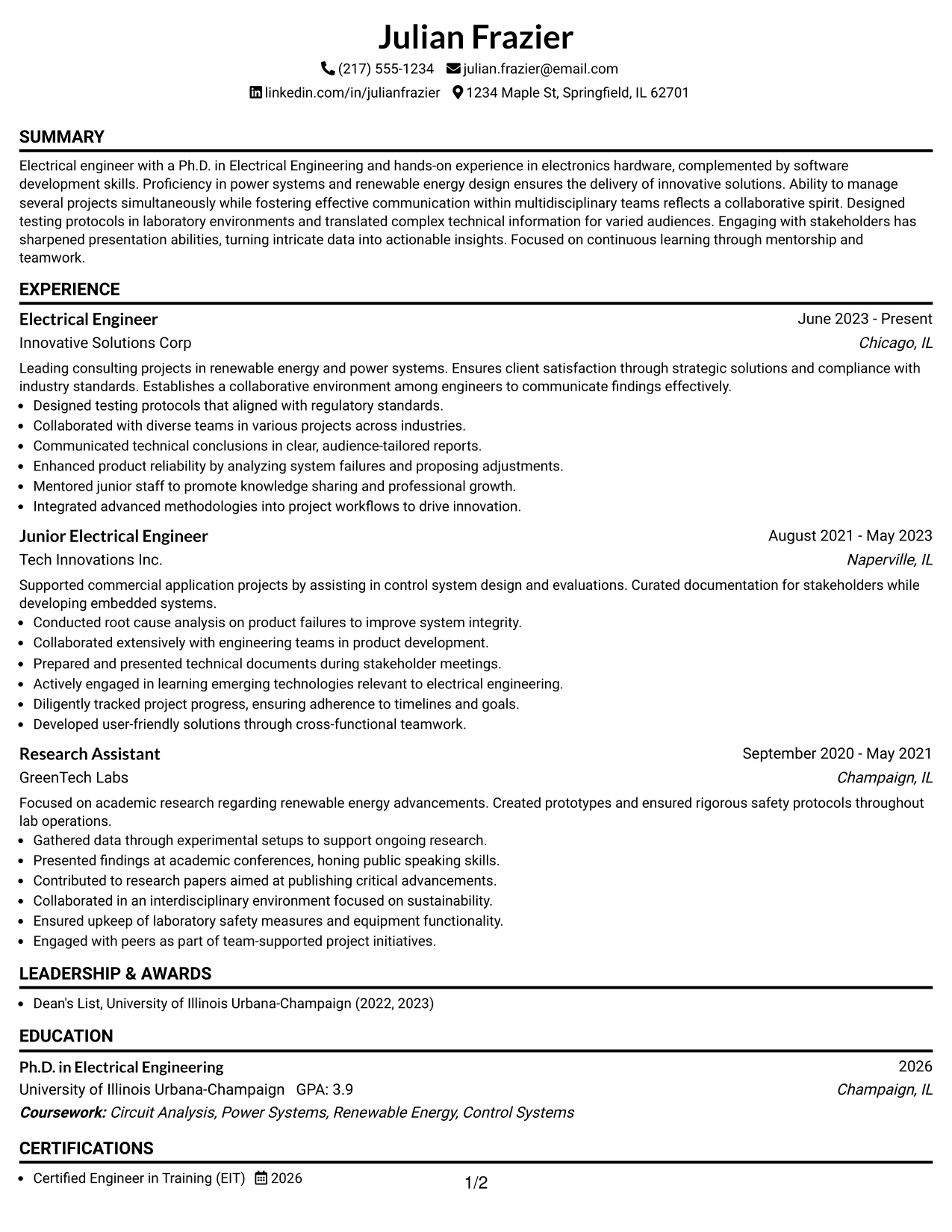 Resume Example Page 1