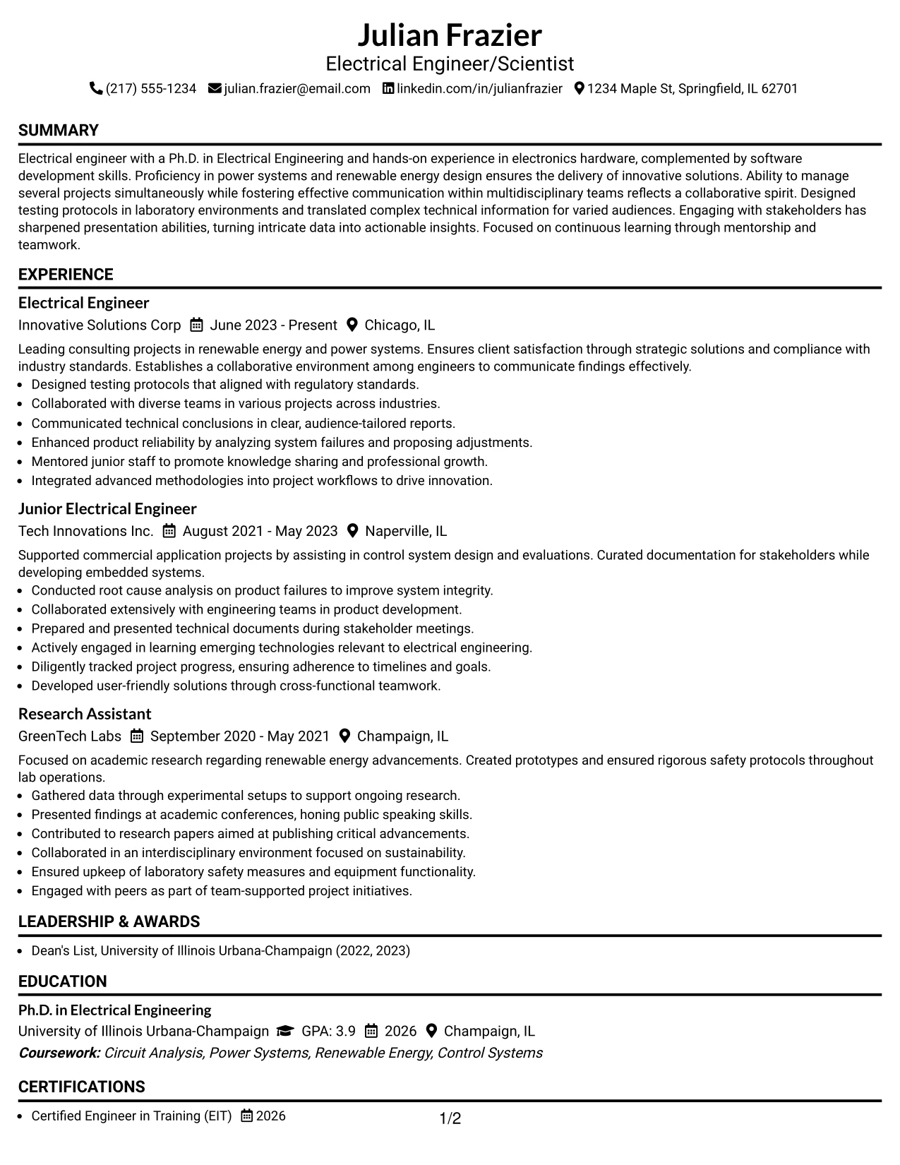 Resume Example Page 1
