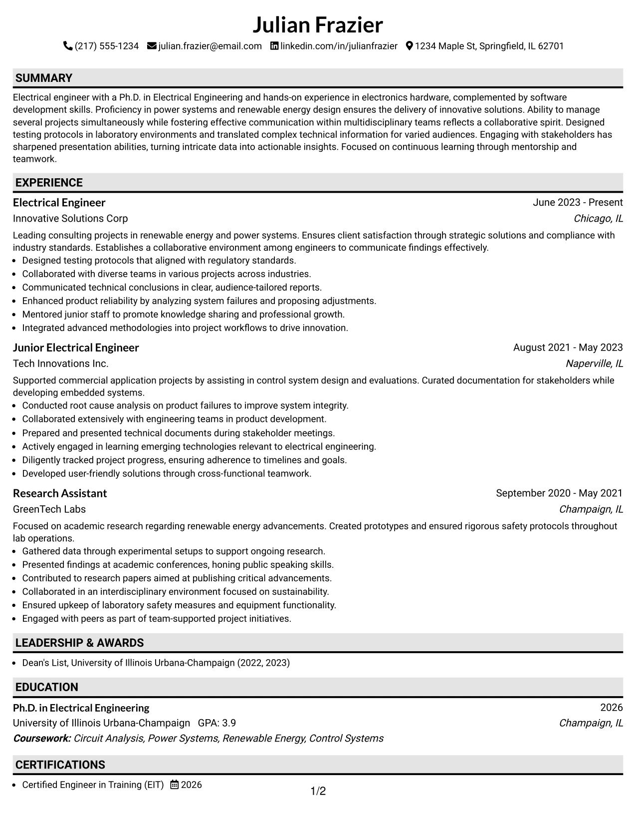 Resume Example Page 1