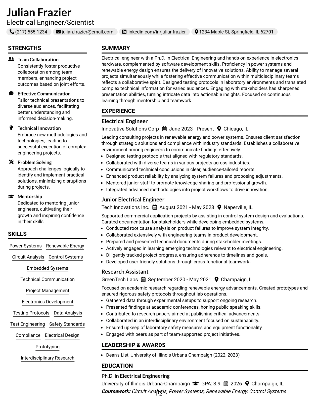 Resume Example Page 1