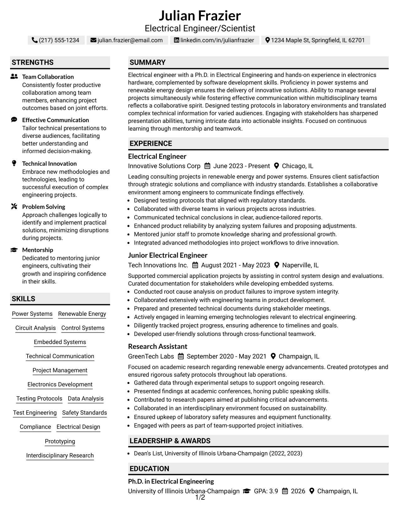 Resume Example Page 1