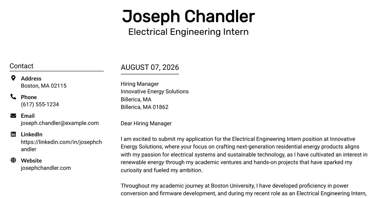 30+ Electrical Engineering Intern Cover Letter Templates with Example 2026