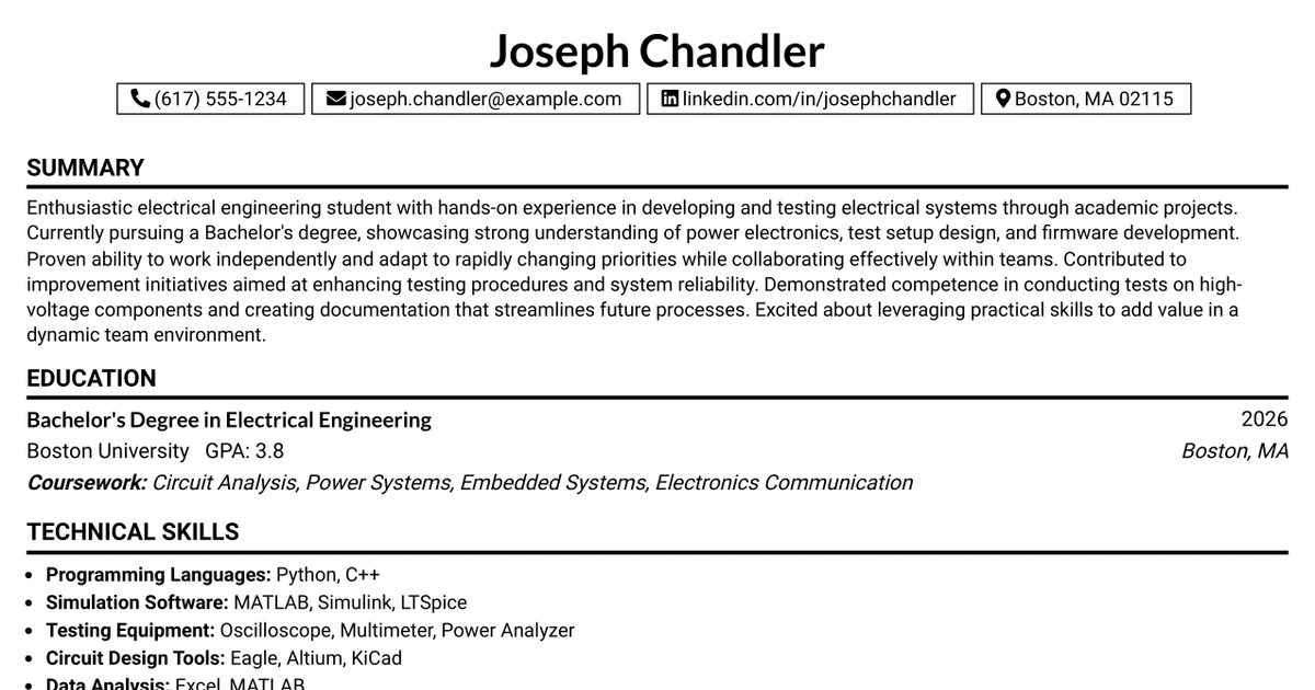 33 Electrical Engineering Intern Resume Templates with Example 2026 (ATS-Optimized)