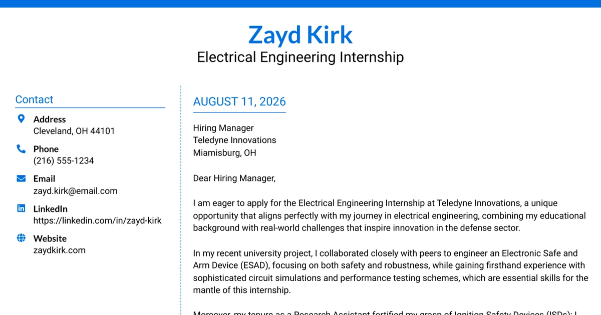 30+ Electrical Engineering Internship Cover Letter Templates with Example 2026