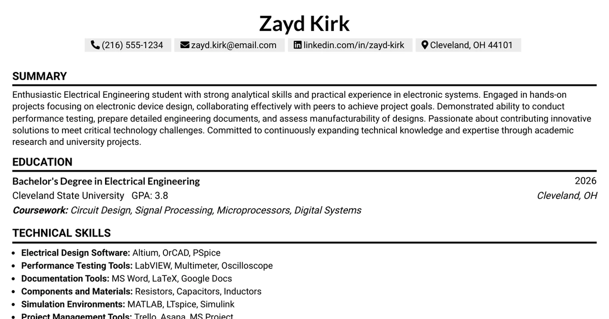 33 Electrical Engineering Internship Resume Templates with Example 2026 (ATS-Optimized)